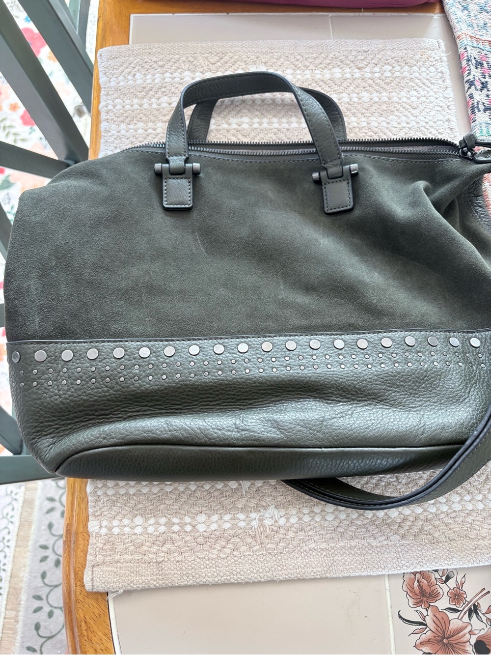 Vince Camuto Dark Green Suede & Leather Stud-Trim Satchel